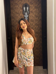 Cactus cropped blouse with mini tie up wrap skirt co-ord.