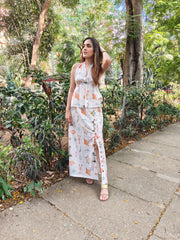 Aqua tie up top with button down skirt co-ord.
