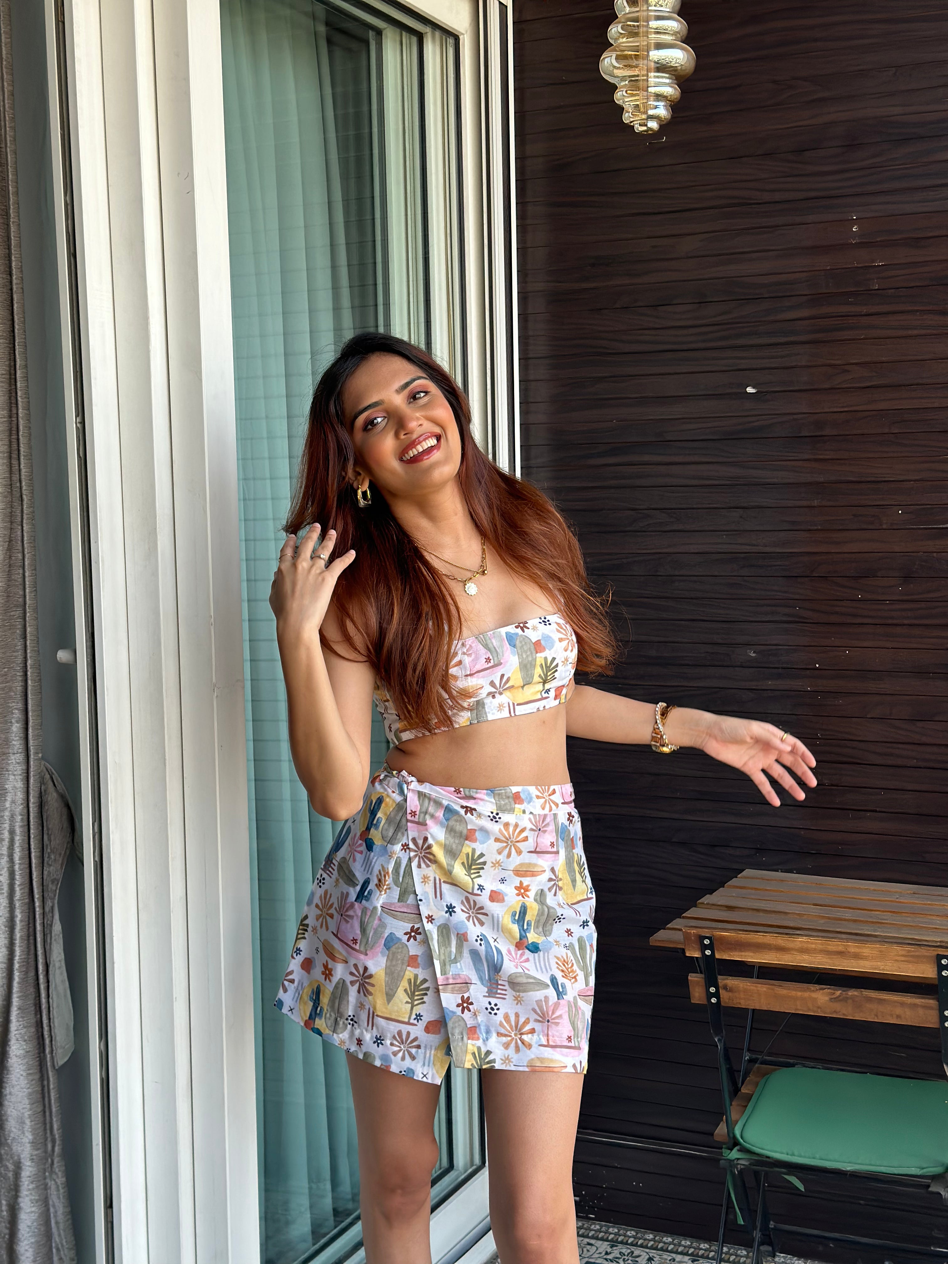 Cactus cropped blouse with mini tie up wrap skirt co-ord.