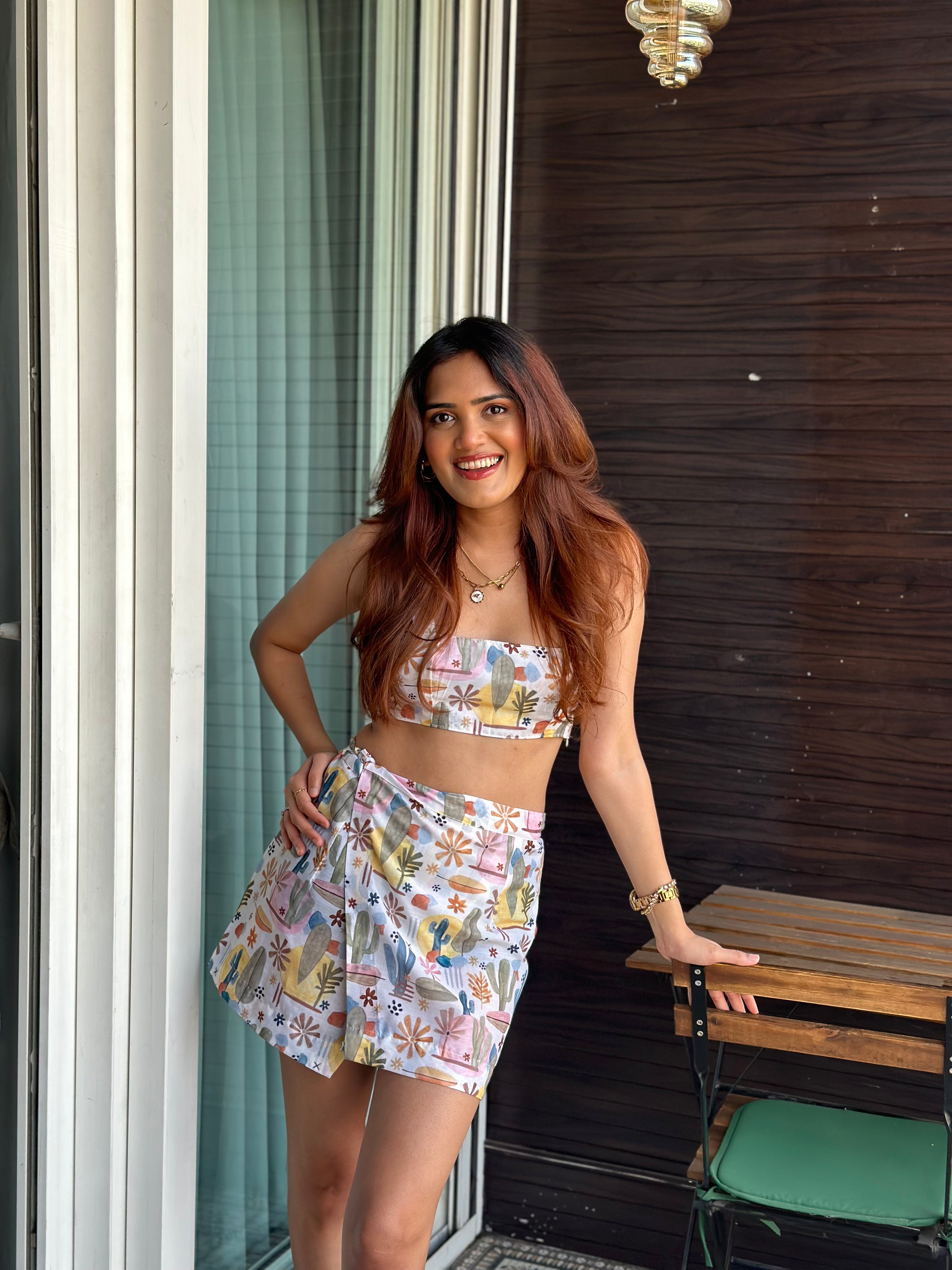 Cactus cropped blouse with mini tie up wrap skirt co-ord.