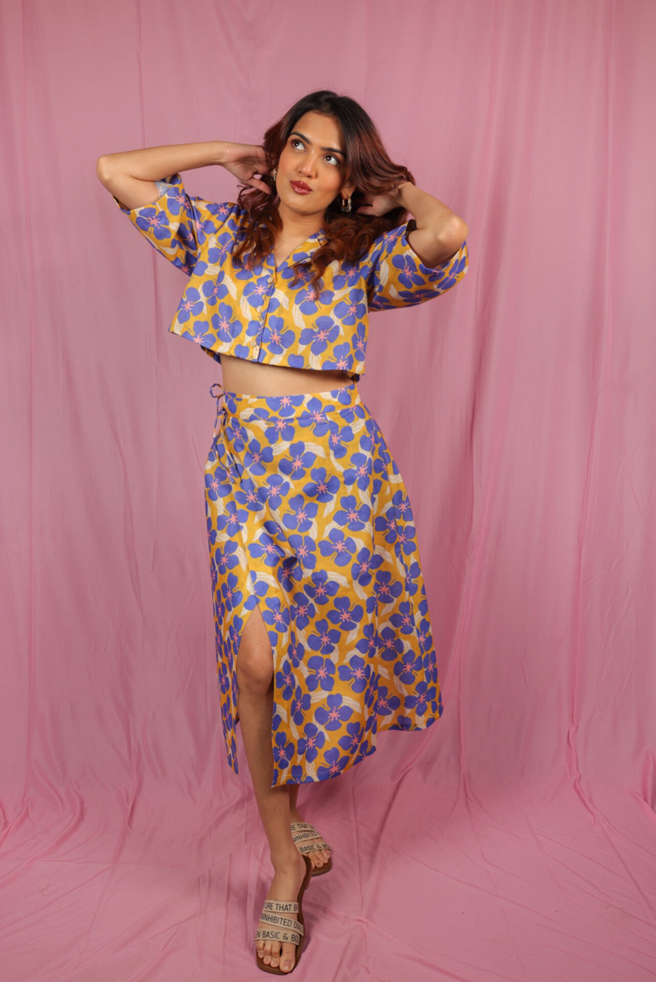 Morning Glory cropped shirt with tie up wrap skirt co-ord.