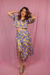 Morning Glory cropped shirt with tie up wrap skirt co-ord.
