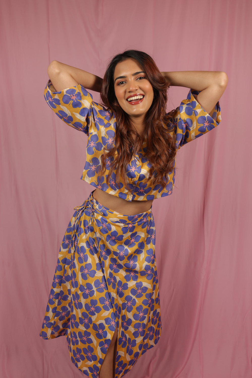 Morning Glory cropped shirt with tie up wrap skirt co-ord.