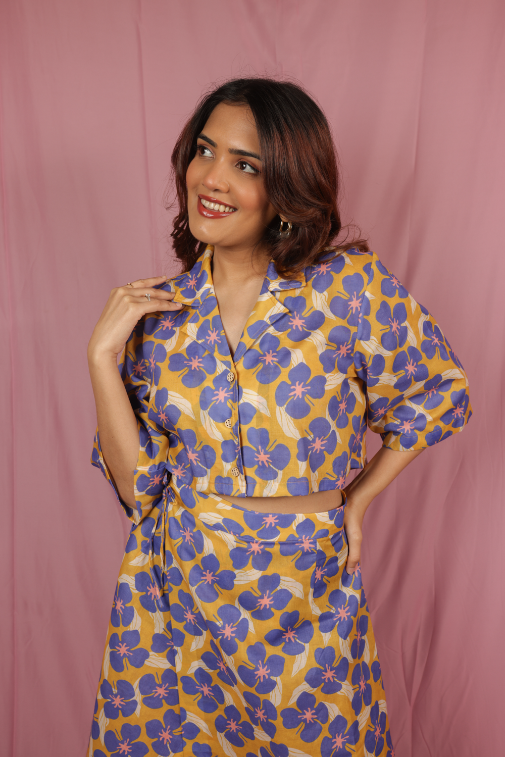 Morning Glory cropped shirt with tie up wrap skirt co-ord.