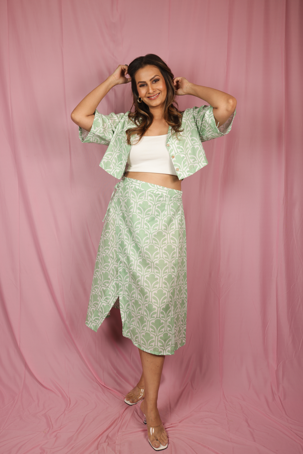 Mint leaf cropped shirt with tie up wrap skirt co-ord.