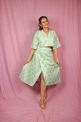 Mint leaf cropped shirt with tie up wrap skirt co-ord.