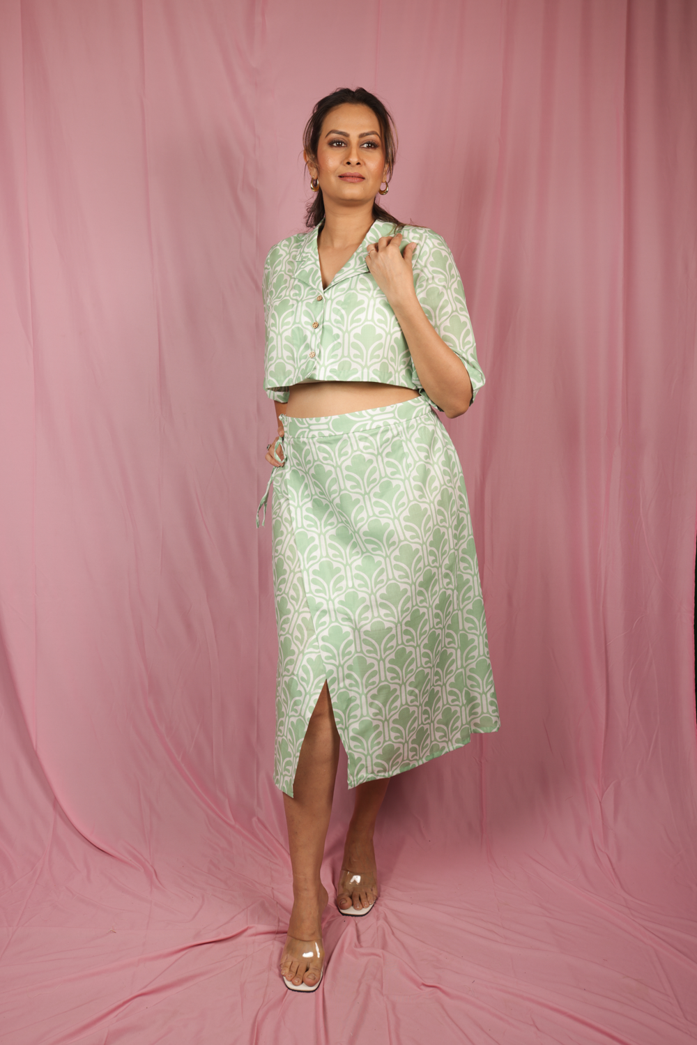 Mint leaf cropped shirt with tie up wrap skirt co-ord.