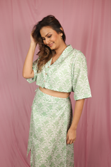 Mint leaf cropped shirt with tie up wrap skirt co-ord.